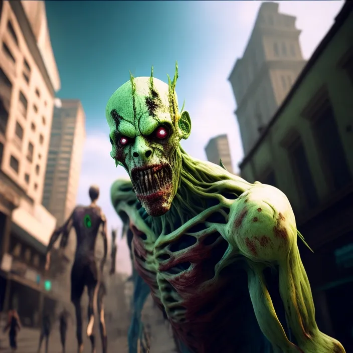 a group of zombies walking down a city street