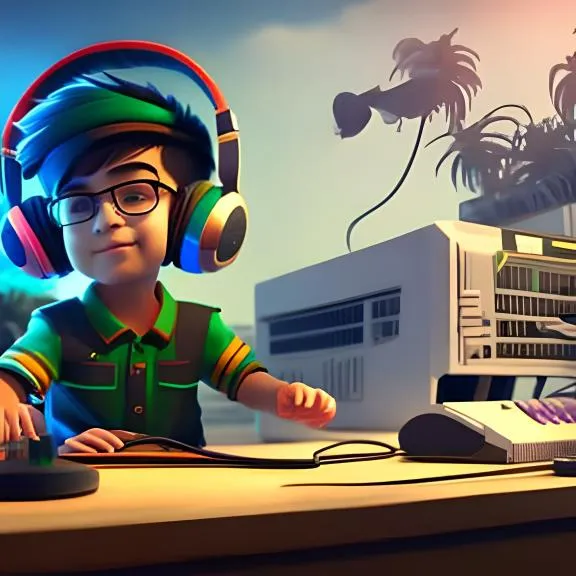 a boy wearing headphones sitting at a desk in front of a computer