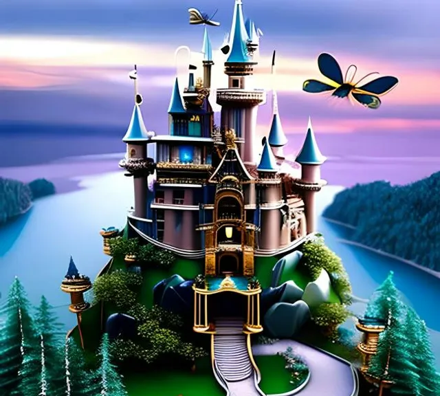 a castle with a pathway leading to it and a butterfly flying over it