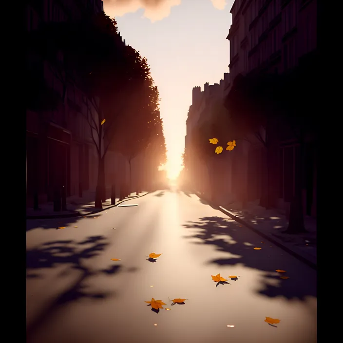 the sun is setting on a city street
