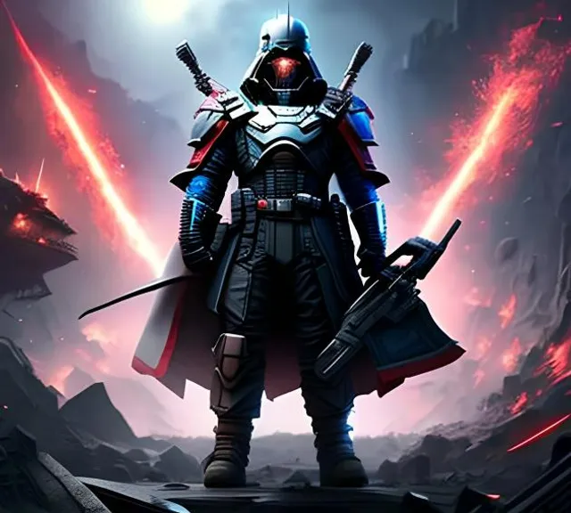 A man in a space suit holding two swords next to a planet in space. Add a planet in space next to the swords.