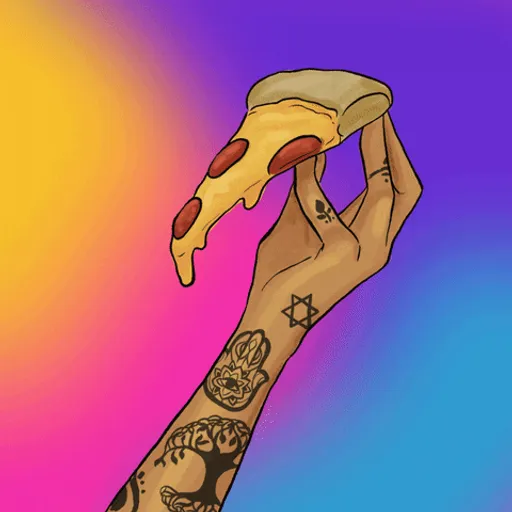 a drawing of a hand holding a slice of pizza