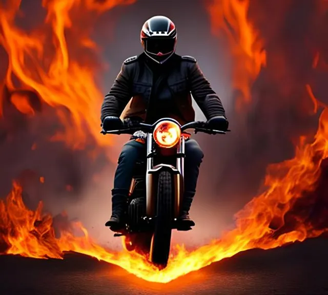 a man riding a motorcycle through a fire filled sky while riding on the back of a dragon. add a dragon.