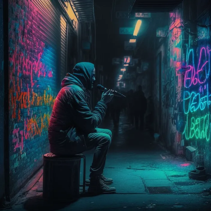 a man sitting on a stool in a dark alleyway