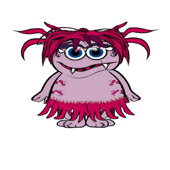 a cartoon character with pink hair and blue eyes