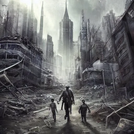 a group of people walking through a destroyed city