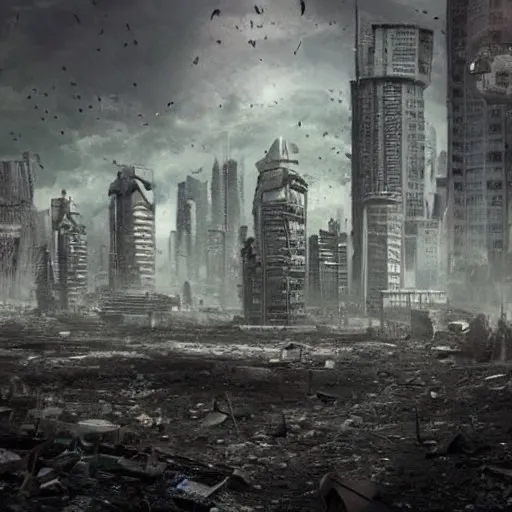 a city with a lot of debris and birds flying over it