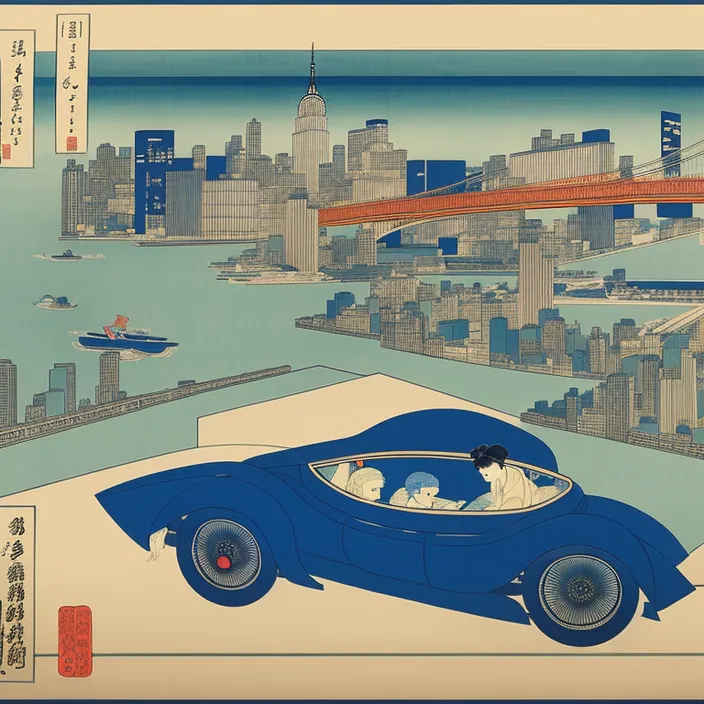 a painting of a woman driving a car in a city