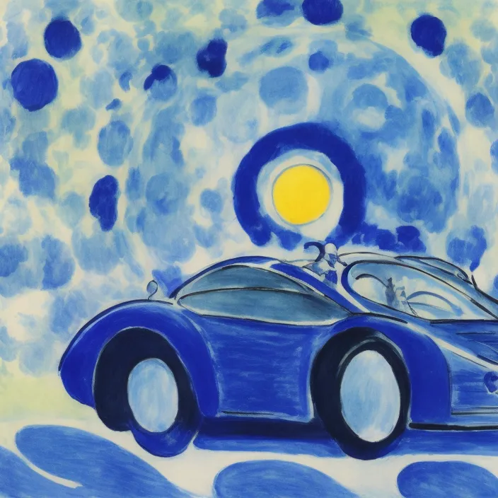 a painting of a blue sports car with a full moon in the background, transformed into a beautiful landscape of Van Gogh. Turn it into different landscape of Van Gogh.