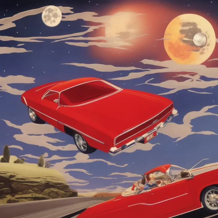 a painting of a red car flying through the air