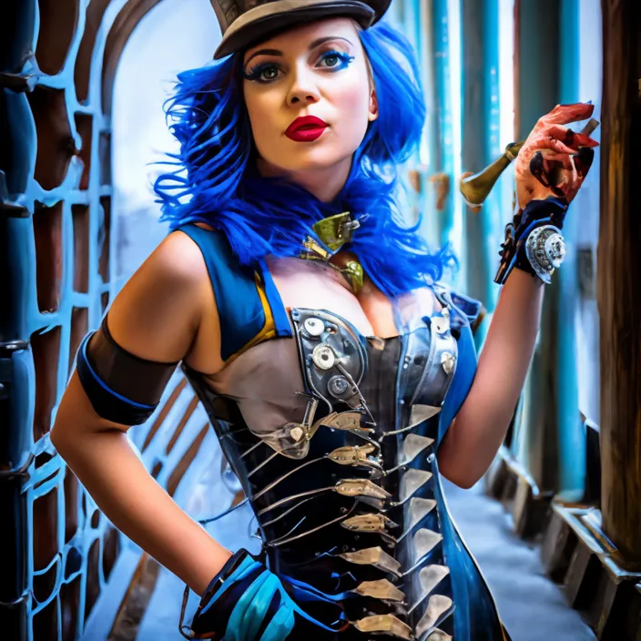a woman with blue hair and a top hat