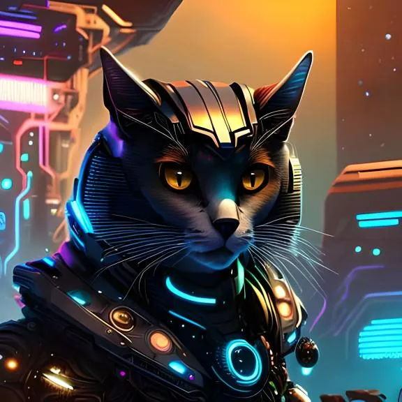 a cat in a futuristic suit with glowing eyes