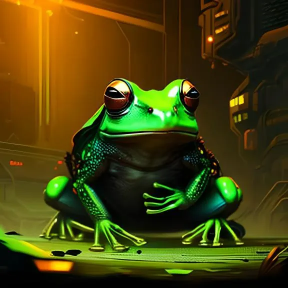 a green frog perched atop a table, giving an impressively cinematic view. make it cinematic view