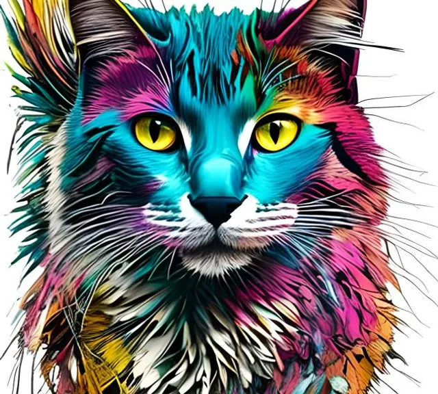 a colorful cat with yellow eyes on a white background