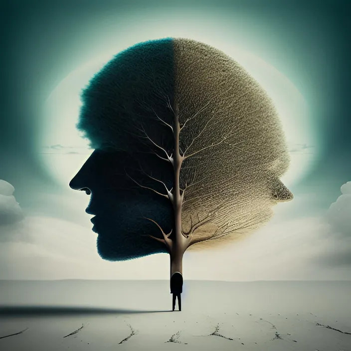 a person standing in front of a tree with a half of it's head