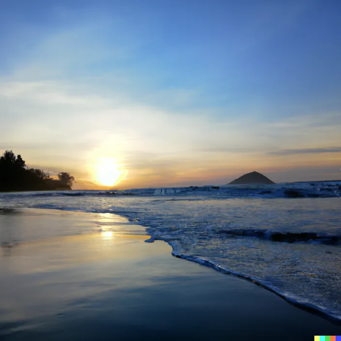 the sun is setting over the water at the beach