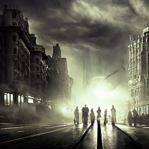 a group of people walking down a street next to tall buildings