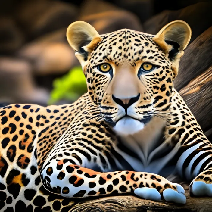 a close up of a leopard laying on a tree branch