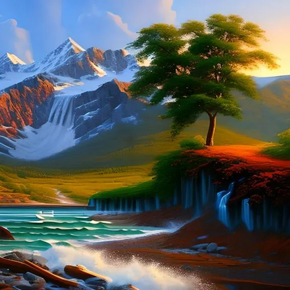 a painting of a mountain landscape with a lake and trees