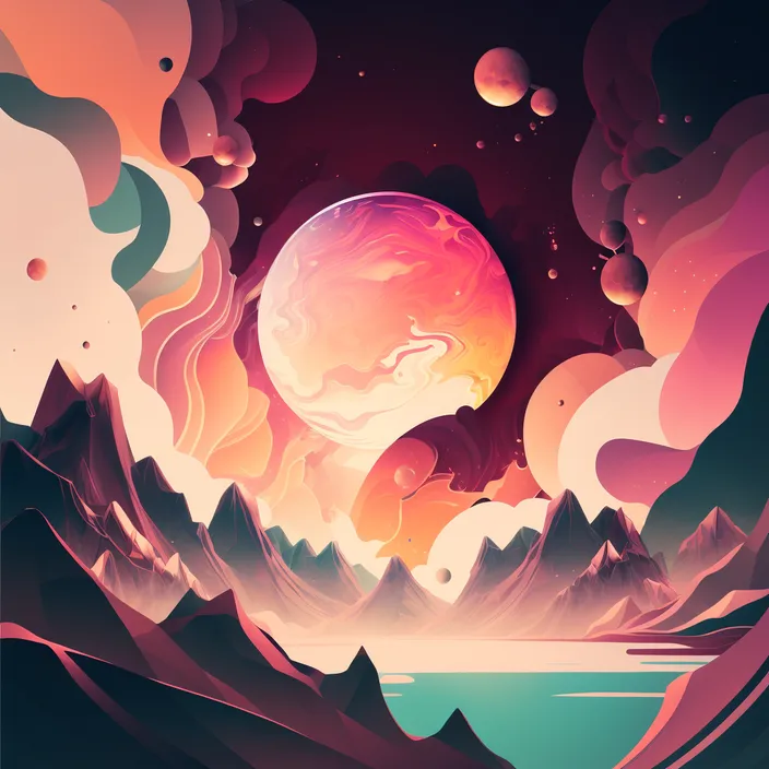 a digital painting of a landscape with mountains and planets