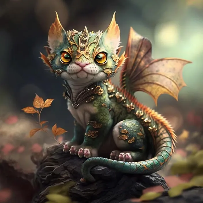 a green and gold dragon sitting on top of a rock