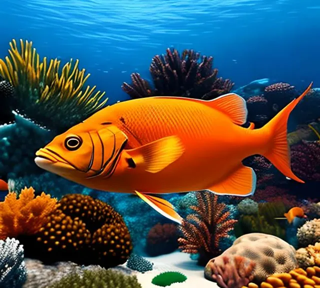 a large orange fish swimming over a coral reef