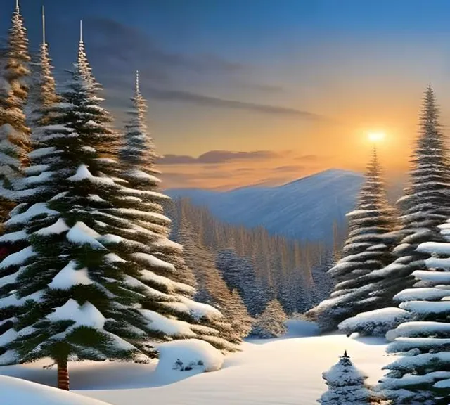 a painting of a snowy landscape with pine trees