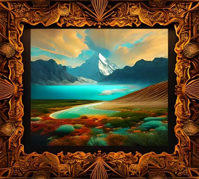 a painting of a mountain range with a lake in the foreground