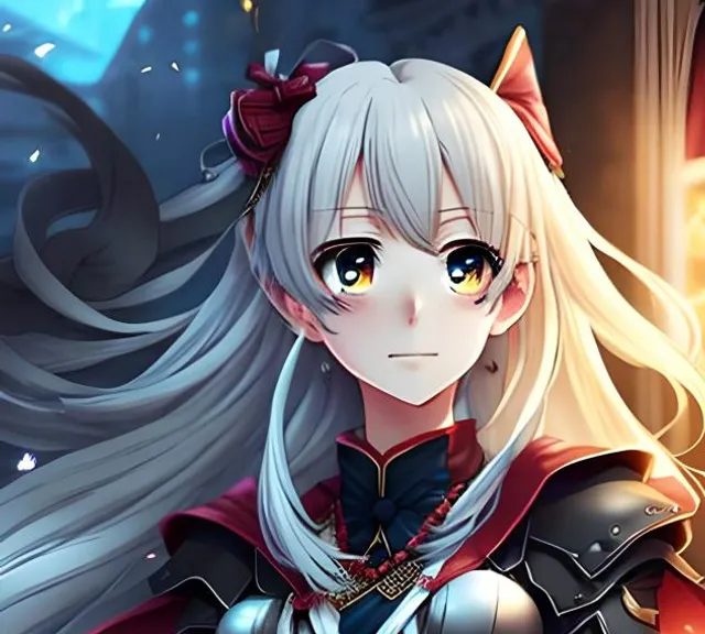 a anime girl with long white hair and a red cape