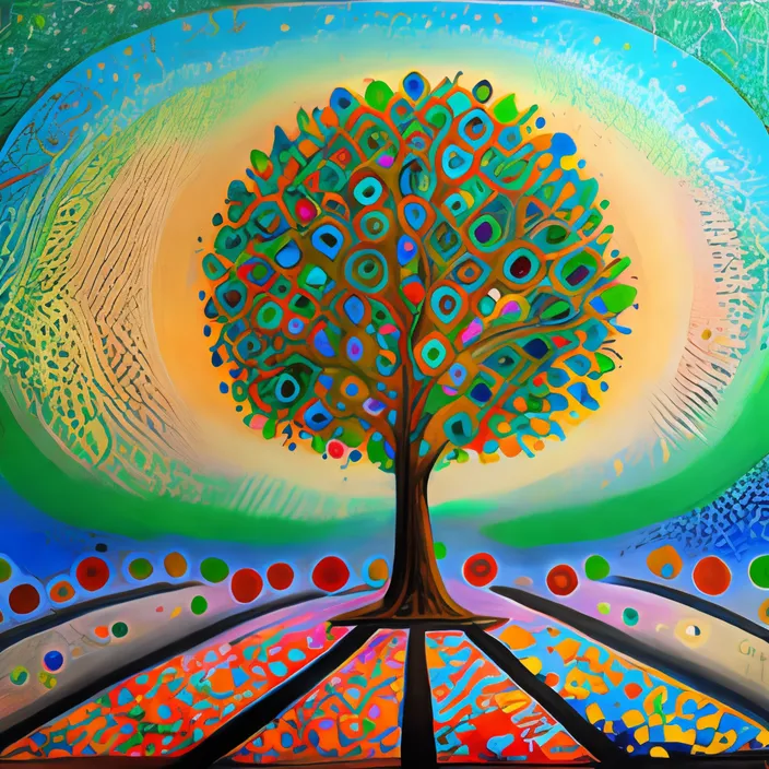 a painting of a tree with colorful circles around it