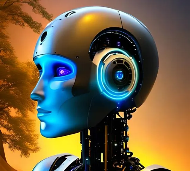 a robot with headphones and a tree in the background