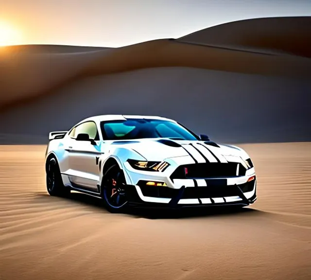 a white mustang mustang in the desert at sunset