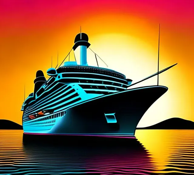 a cruise ship in the ocean at sunset