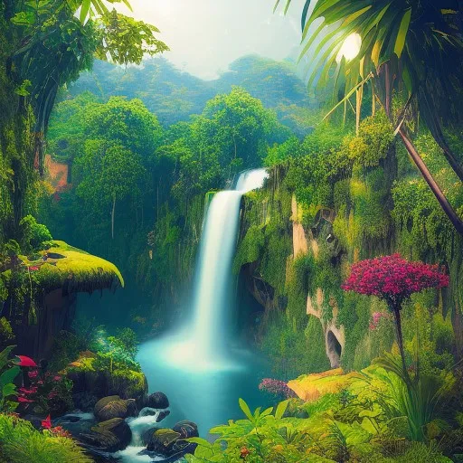 a painting of a waterfall in the jungle