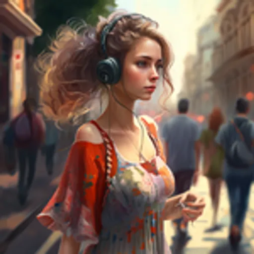 a painting of a woman with headphones on