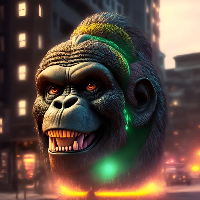 a gorilla with a green light around its neck