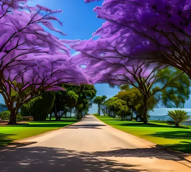 a painting of purple trees lining a road