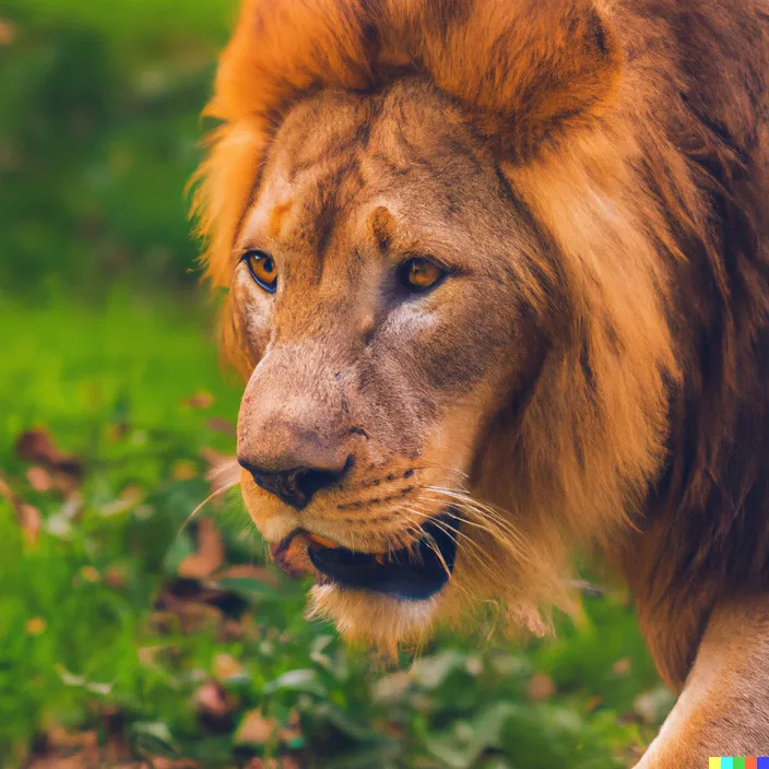 a close up of a lion in a field of grass