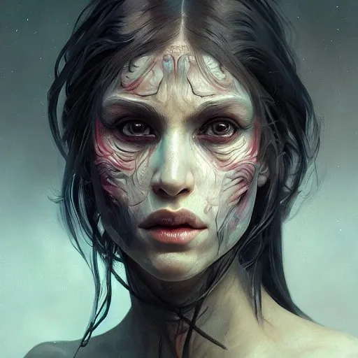 a painting of a woman's face with a creepy look on her face