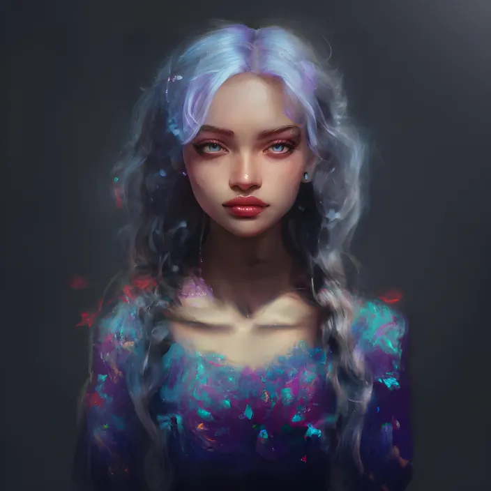 a painting of a girl with blue hair