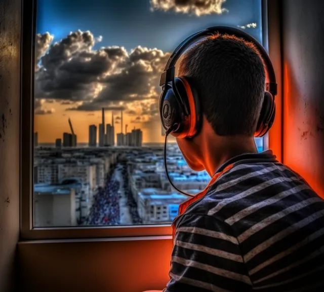 a boy wearing headphones is looking out a window at a city