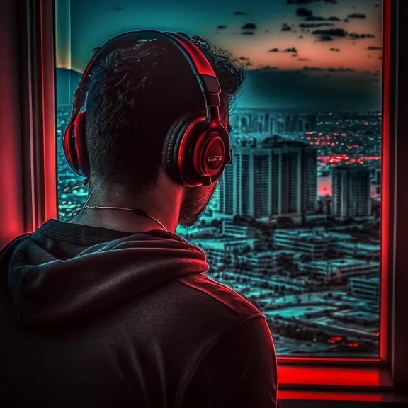 a man wearing headphones looking out a window at a city