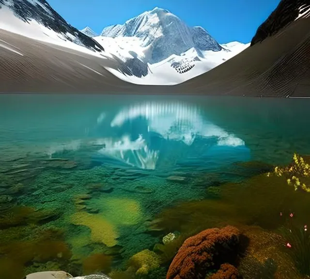 a lake surrounded by snow capped mountains