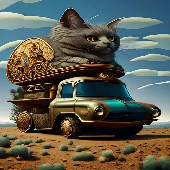 a cat sits on top of a truck in the desert