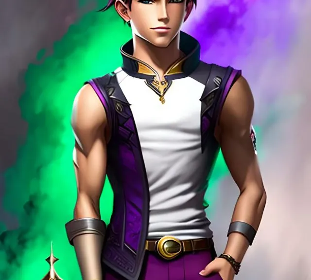 a young man in purple and purple clothing holding a sword