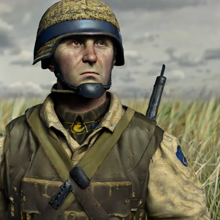 a soldier in a helmet is standing in a field