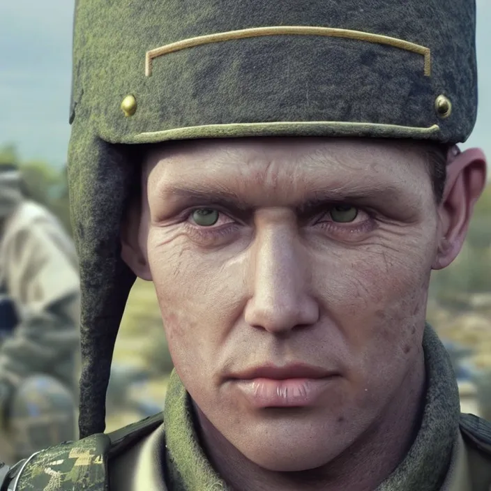 a soldier in a military uniform is looking at the camera