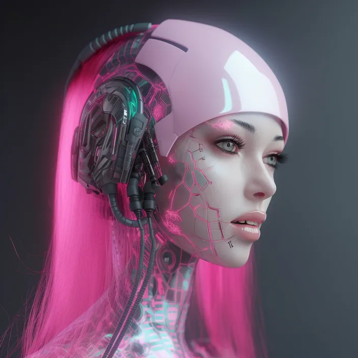 a futuristic woman with pink hair and headphones