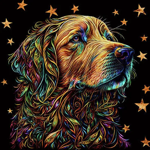 a golden retriever with colorful stars in the background