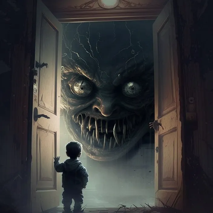 a child is standing in front of a door with a monster in the background